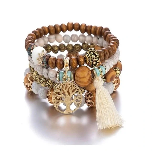 4 Piece Boho Tree of Life Tassel Bracelet Set - Picture 2 of 4